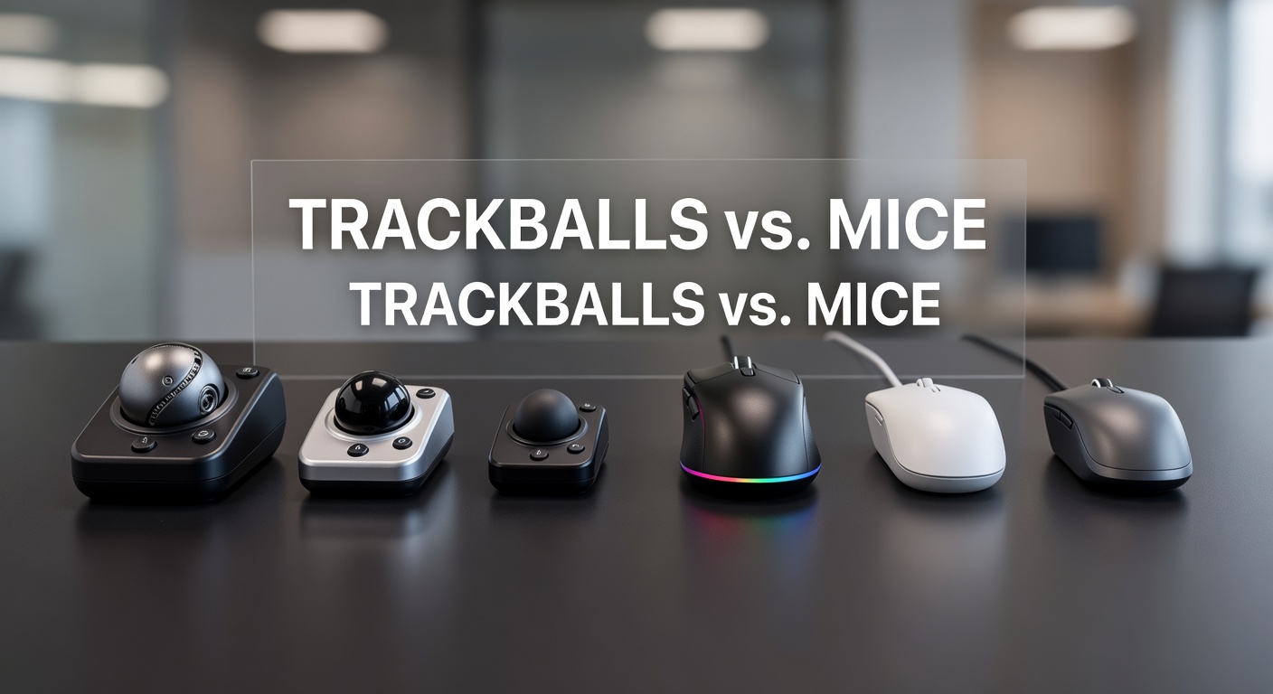 Close-up comparison of a thumb trackball and a standard optical mouse on a desk setup, highlighting their distinct designs and thumb-operated ball versus laser sensor