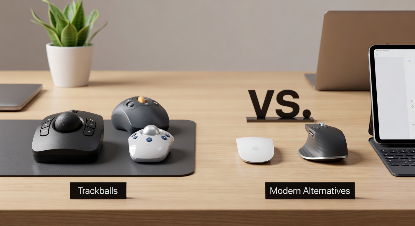 Side-by-side ergonomic setups showing a user with a trackball maintaining a relaxed wrist posture versus a tense grip on a mouse during extended use