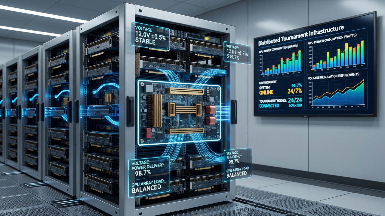 Close-up view of voltage regulator modules and power delivery circuitry in a multi-GPU broadcast server